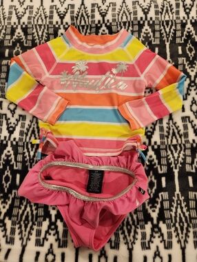 Nautica Girls' Multi-Stripe Rash Guard Swimsuit Set - Pink, Size 18M